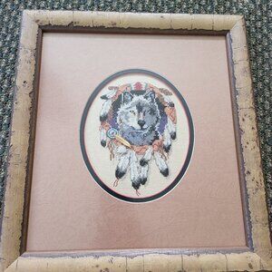 Framed Cross Stitch Wolf Dream Catcher Picture Home Decor Vintage 1980s 1990s